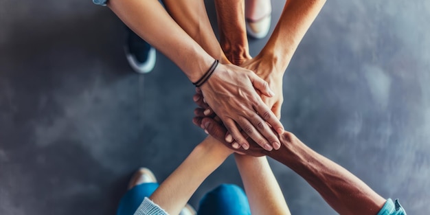 Diverse hands stacked together representing unity and teamwork