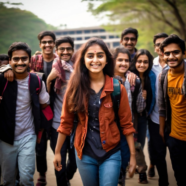 Diverse high school or college students walking on campus