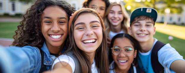 Diverse high school students capturing a group selfie outdoors on a sunny day