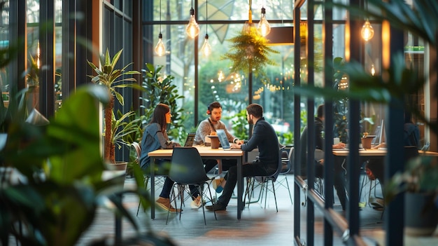 Diverse hipster freelancers coworking successfully at the office with laptops