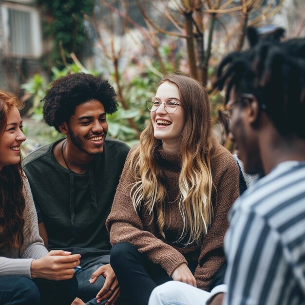 Photo diverse individuals engaging in lively conversation