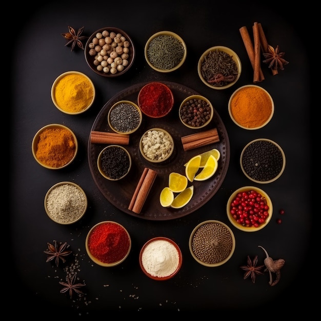 Diverse kinds of spices on little plates Spices and herbs at black backdrop Generative AI