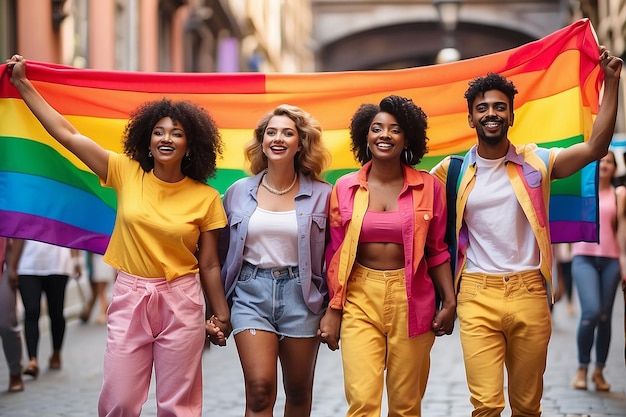 Diverse lgbtq friends wearing colorful clothes smiling and holding lgbt flags waving in the air lgbt happy pride month