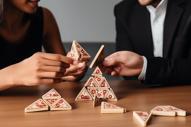 Diverse male and female hands taking triangle pizza slices from box on table