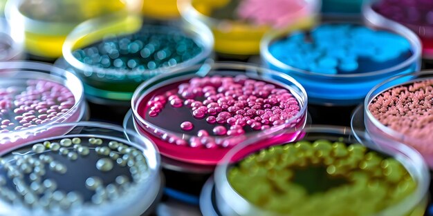 Photo diverse microbial cultures thriving in petri dishes creating a colorful scientific display concept microbial cultures petri dishes scientific display colorful bacteria diversity in microbiology