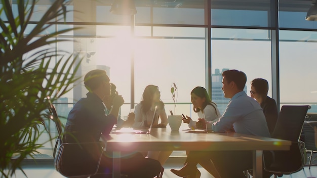 Diverse millennial business team talking in meeting room negotiating on project at t Generative AI