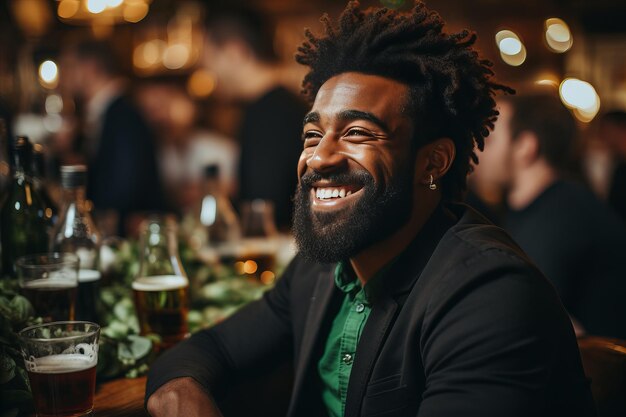 Diverse Multiethnic Men Celebrating St Patricks Day in Green Clothing at Irish Pub