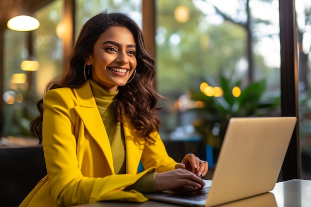 Diverse Office Portrait of Beautiful Indian IT Programmer Working on Desktop Computer Smiling Fem