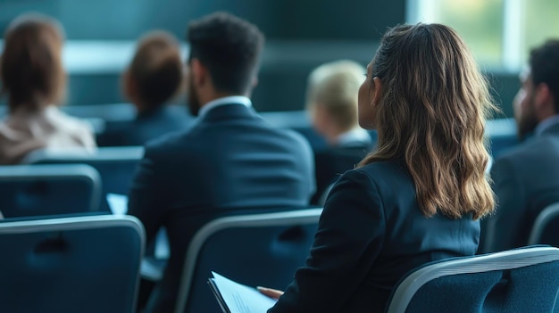 Photo diverse people attending business seminar seated with notes