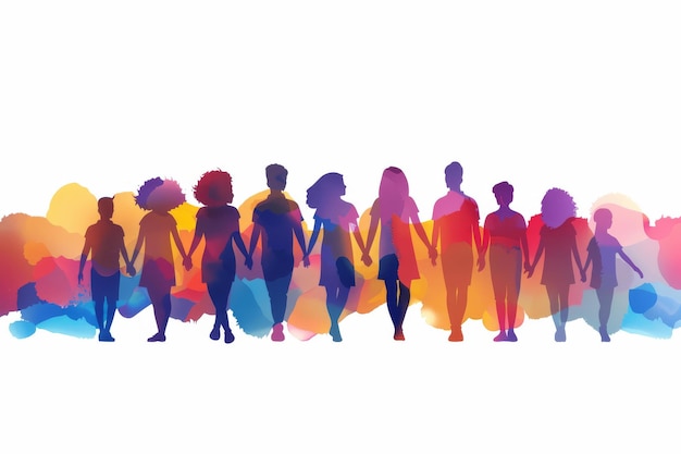 Diverse people in a line symbolizing unity and collaboration in a colorful abstract representation