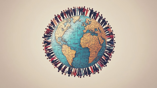 Photo diverse people standing around a globe