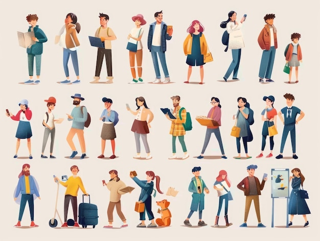 Diverse People Standing Side by Side Flat Vector Illustration