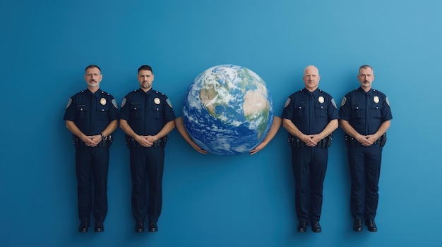 Photo diverse police officers holding hands around globe