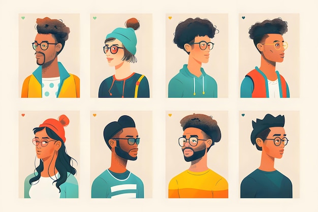 Diverse Portraits of Stylish Young Adults in Vibrant Illustrations