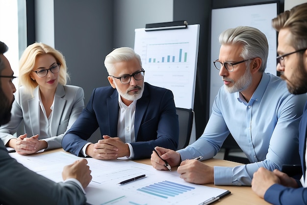 Photo diverse professional executive team working at meeting in office mid aged business man manager leader talking to board people consulting partners investors discussing project management in teamwork