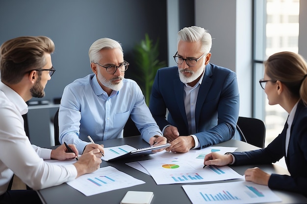 Diverse professional executive team working at meeting in office Mid aged business man manager leader talking to board people consulting partners investors discussing project management in teamwork