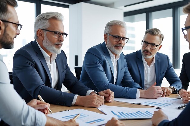 Photo diverse professional executive team working at meeting in office mid aged business man manager leader talking to board people consulting partners investors discussing project management in teamwork