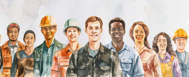 Diverse professional workers smiling and standing together in a watercolor style on a white background Labor day concept