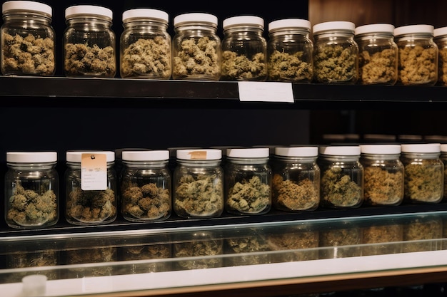 Diverse range of cannabis strains on display at store or dispensary created with generative ai