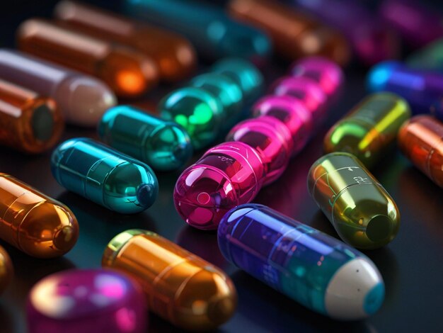 Diverse range of medicine capsules with a bottle on a table