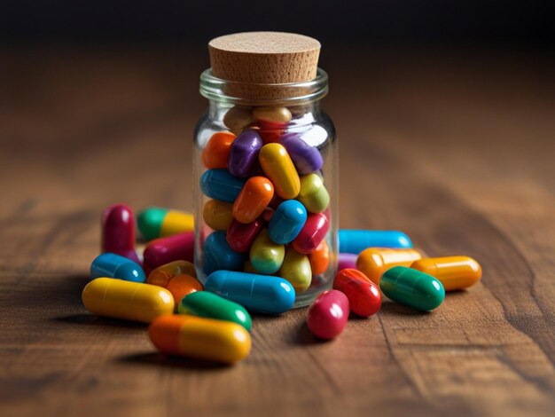 Diverse range of medicine capsules with a bottle on a table