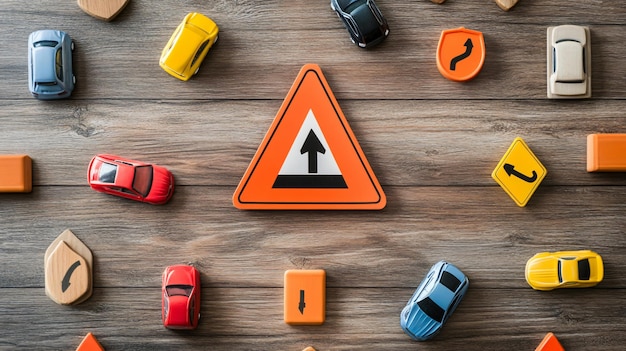 Photo diverse road signs and toy car on wooden table