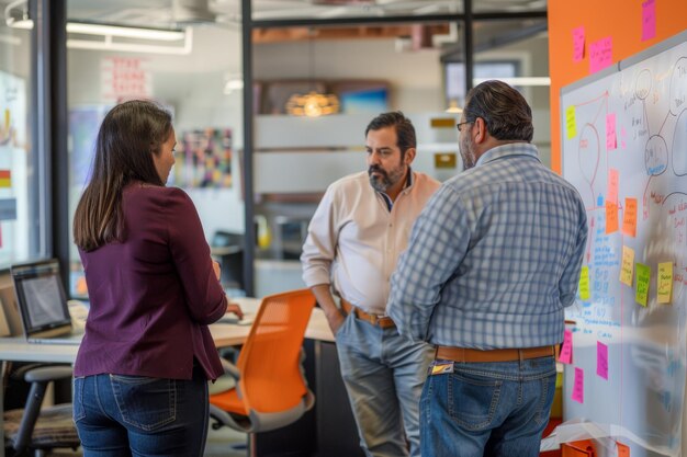 Diverse Sales Strategy Team Brainstorming in Modern Creative Office Space with Whiteboards and Sticky Notes