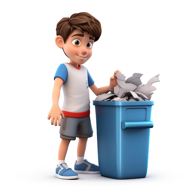 diverse school boy placing one piece of trash