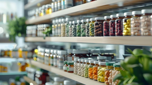 Diverse Selection of Nutritional Supplements Neatly Organized on Shelves with Blurred Background