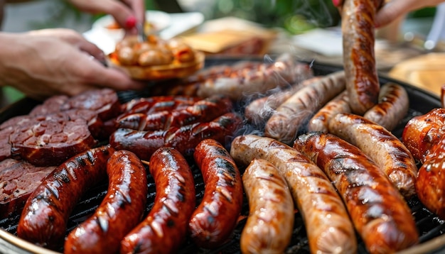 Photo a diverse selection of sausages are cooking on a grill sizzling as they reach delicious perfection