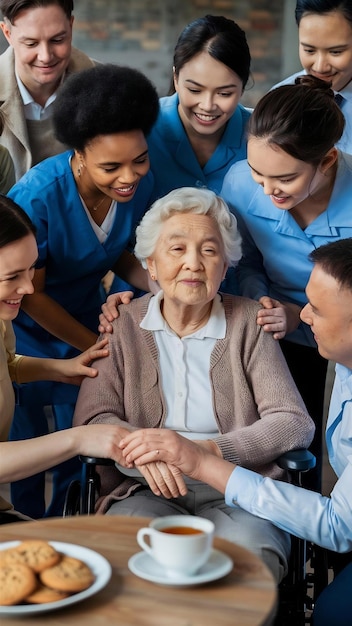 Photo diverse staff team helping old woman