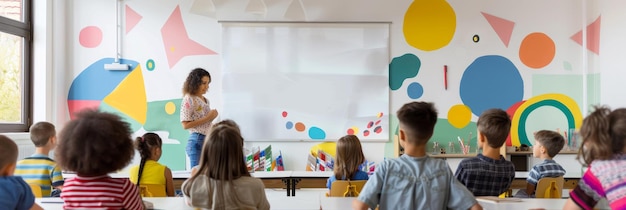 Diverse Students Learning in a Colorful Classroom A diverse group of students are engaged in