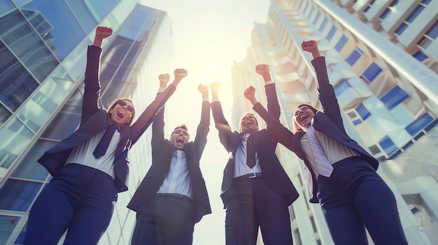 A diverse team of business professionals celebrates success in front of a modern office building