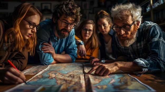 A diverse team collaborates around a table maps and charts spread for planning