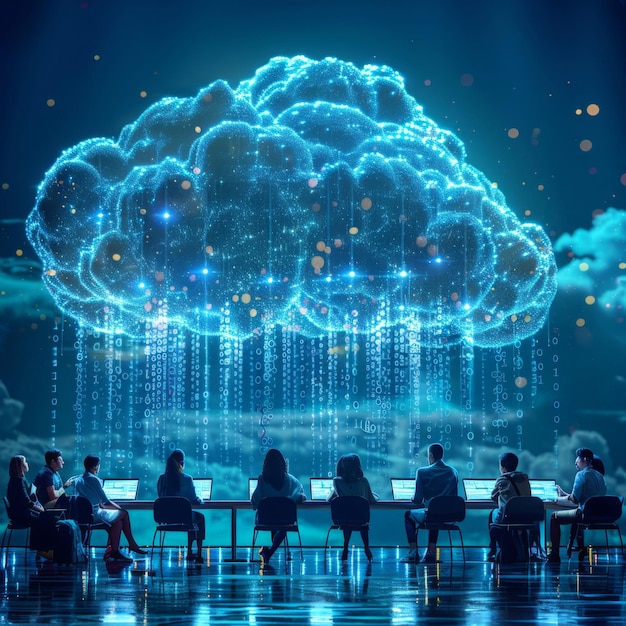 Diverse Team Collaborating on Cloud Computing with Glowing Binary Cloud