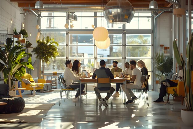 Photo diverse team collaborating on creative project in bright coworking space highlighting unity and co