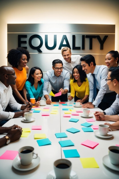 Diverse Team Collaborating On Project With Colorful Sticky Notes In Modern Office