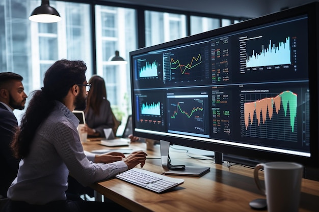 Diverse Team Of Data Scientists Analyzing Information And Graphs On Big Digital Screen In Modern Monitoring Office Multiethnic Employees Working Infront Of Desktop Computers In Consulting Firm