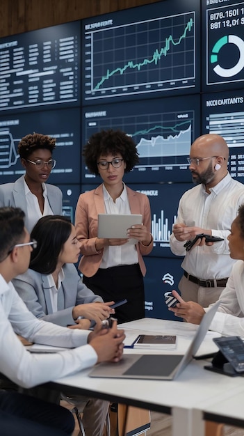 Diverse Team Of Data Scientists Analyzing Information And Graphs On Big Led Wall In Modern Monitori