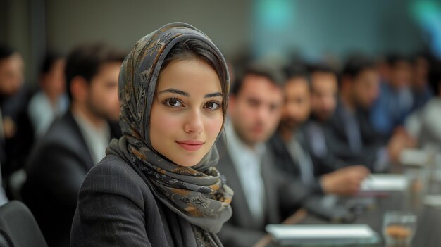 Diverse Team Engaged in Corporate Seminar Focus on Woman in Hijab