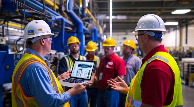 Diverse Team of Engineers and Construction Workers Collaborating on Project Plans at Industrial Site