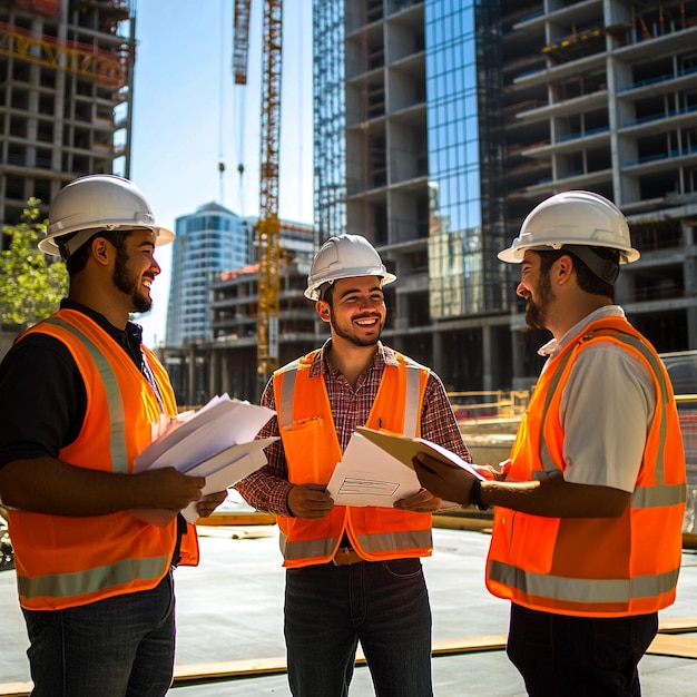 Diverse Team of Engineers and Construction Workers Collaborating on Project Plans at Industrial Site