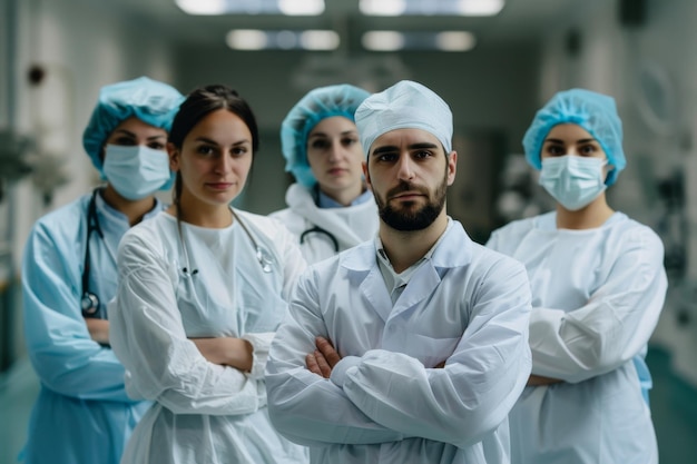 Photo a diverse team of healthcare professionals in scrubs with a confident female leader at the forefront