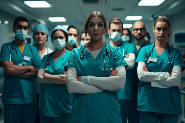 A diverse team of healthcare professionals in scrubs with a confident female leader at the forefront