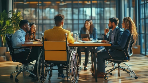 Photo diverse team meeting in a modern conference room with individuals actively engaging in discussion during the afternoon