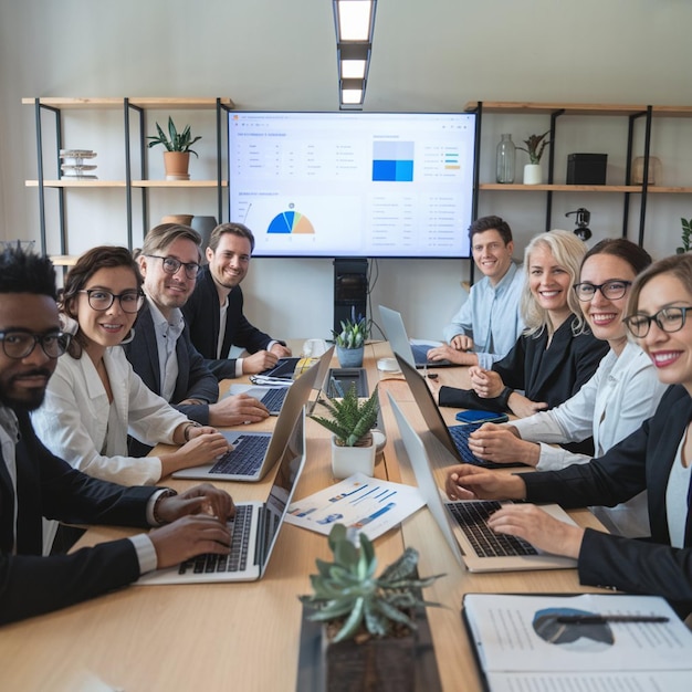 Diverse team members sitting around a conference table with laptops open analyzing data on the screen