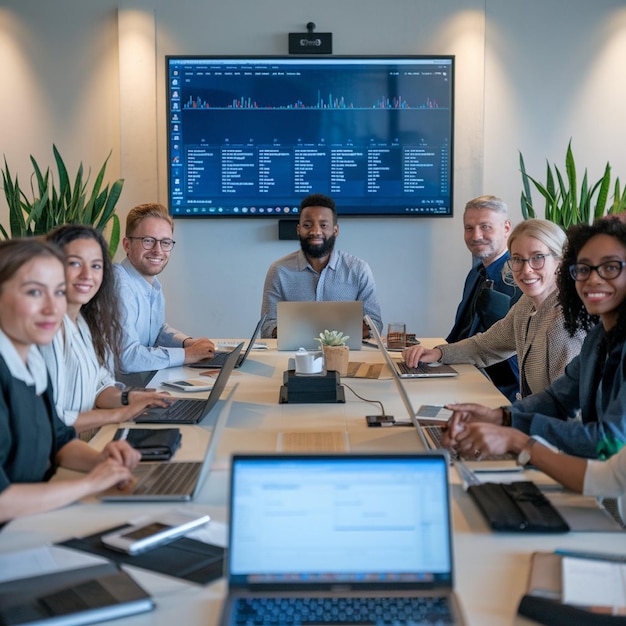 Diverse team members sitting around a conference table with laptops open analyzing data on the screen