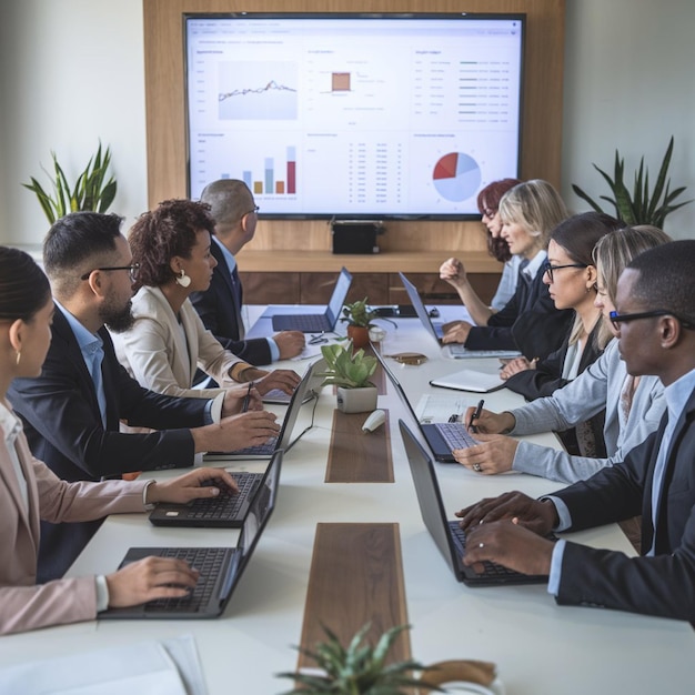 Diverse team members sitting around a conference table with laptops open analyzing data on the screen