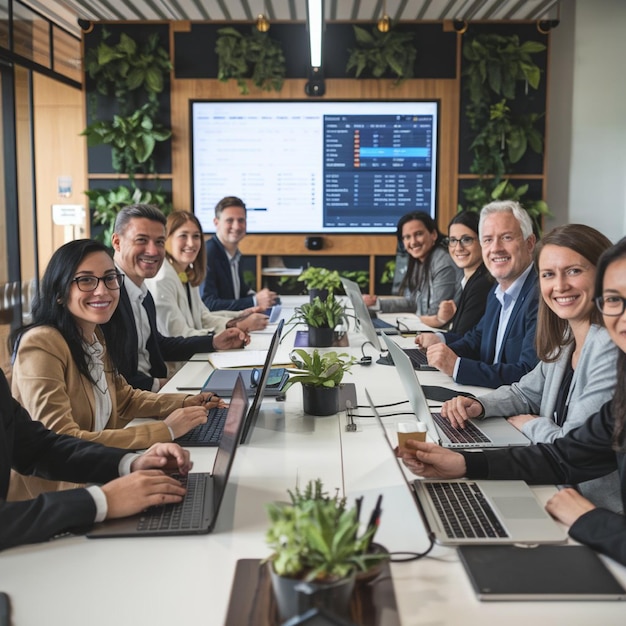 Diverse team members sitting around a conference table with laptops open analyzing data