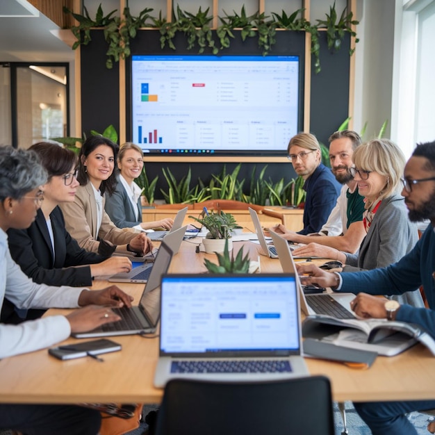 Diverse team members sitting around a conference table with laptops open analyzing data